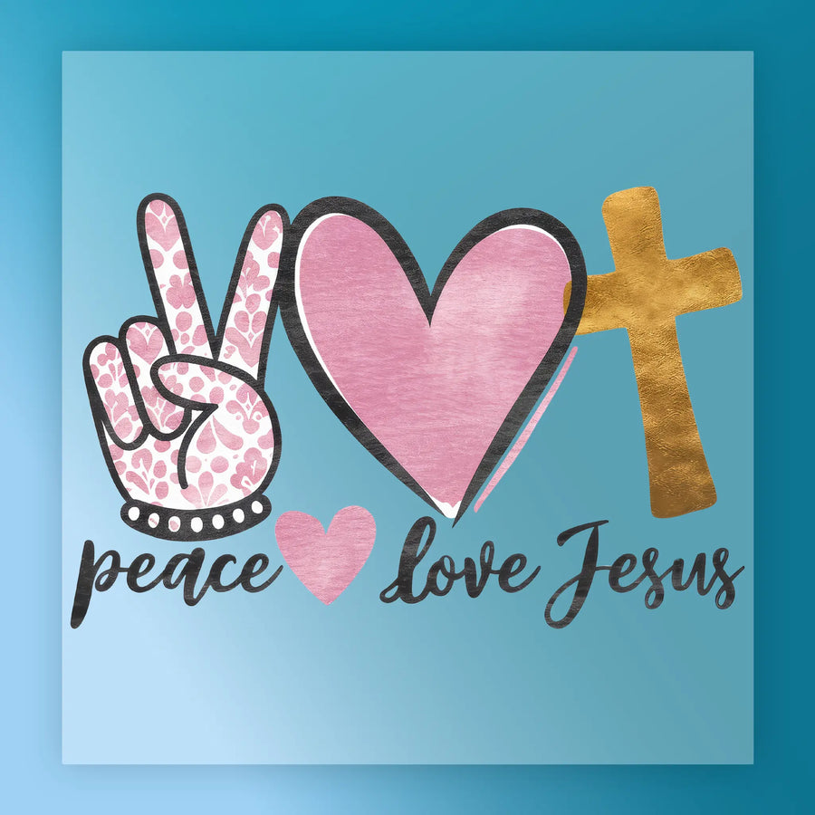 The InkMerge Peace Love Jesus Design features a hand peace sign, pink heart, and gold cross with "peace love Jesus" text on blue—ideal for tees using DTF transfers and your heat press.