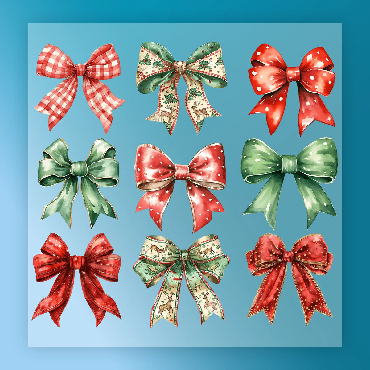 The InkMerge Festive Christmas Bows Collection features nine decorative bows in red, green, and cream with plaid, polka dot, and floral prints on a blue background—ideal for festive DTF transfers or heat press designs.