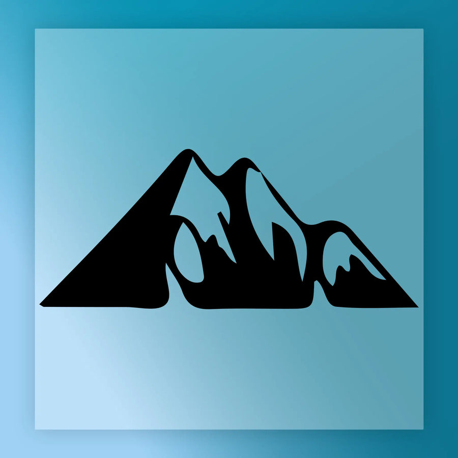 A simple black and white silhouette of a mountain against a blue background.