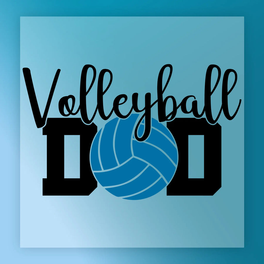 a blue volleyball with the text "Volleyball Dad" written in black cursive font.