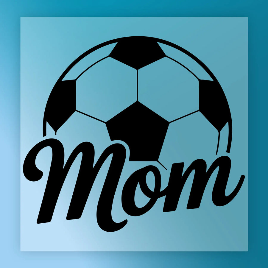 A soccer ball with the word "Mom" written below it in a stylized font.
