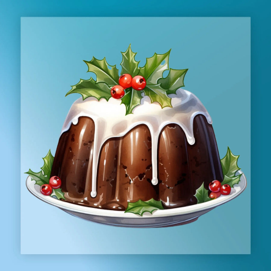 The Festive Christmas Pudding Design by InkMerge features white icing, holly leaves, and red berries on a plate with a blue background—ideal for holiday apparel using DTF transfer or heat press.