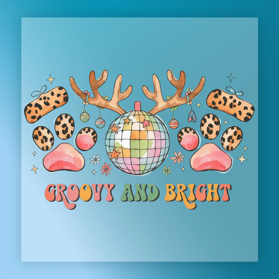 A colorful illustration featuring a disco ball surrounded by leopard print objects, including antlers, paw prints, and flowers, with the text "GROovy AND BRIGHT" displayed prominently.