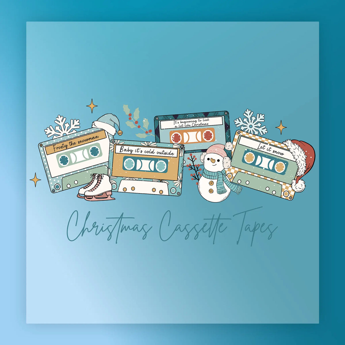 InkMerge’s Christmas Cassette Nostalgia shows five festive cassette tapes with snowflakes, Santa hats, a snowman, and ice skates. Ideal for holiday heat press or DTF transfers. Text below reads “Christmas Cassette Nostalgia.”.