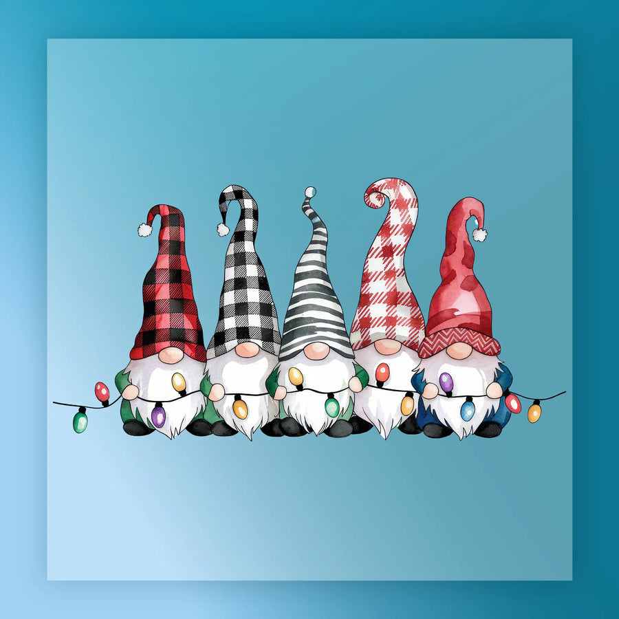 A group of five gnomes with colorful hats and Christmas lights, arranged in a row against a blue background.