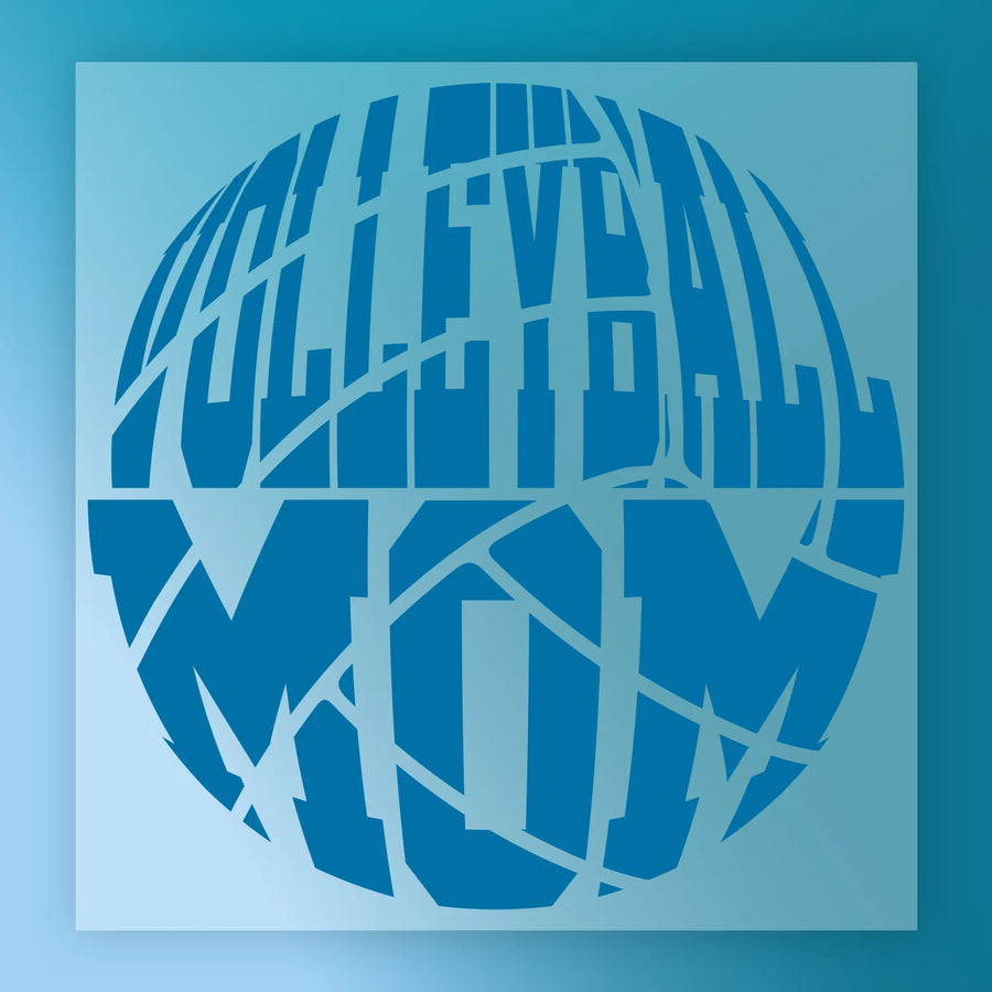 the word "MOM" written in a stylized, circular design using blue and white colors.