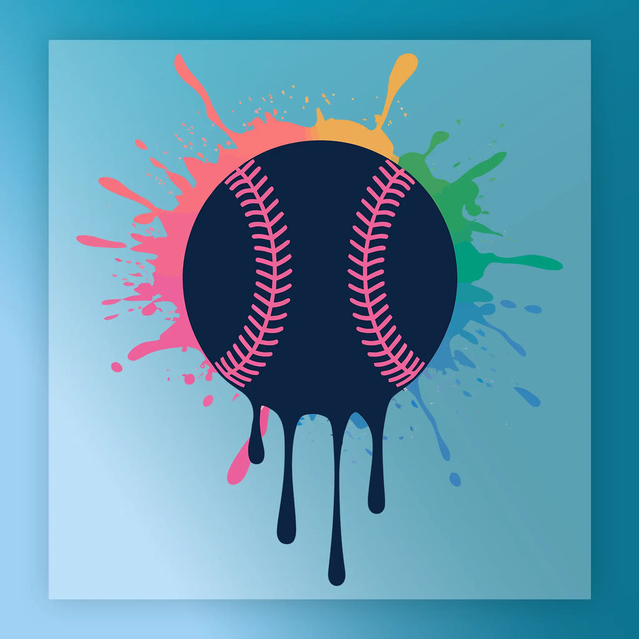 A baseball with a black background and pink stitching is surrounded by splashes of color, creating a vibrant and dynamic visual effect.