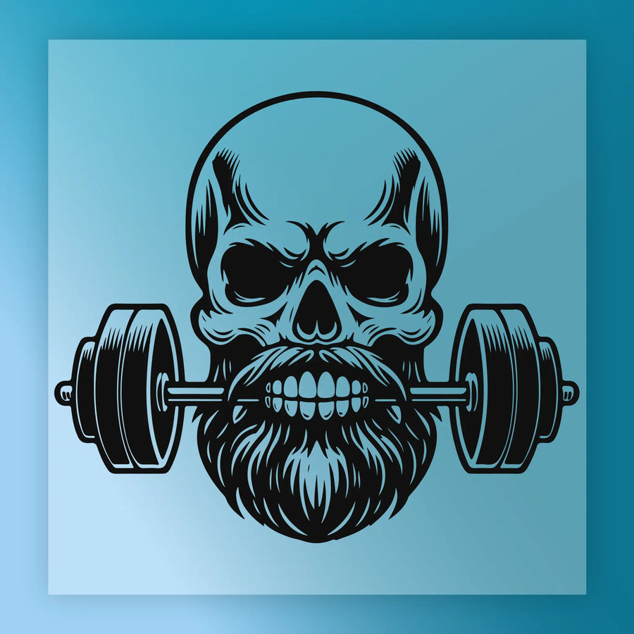 A stylized illustration of a skull with a beard and weights on either side, representing a fitness or workout theme.