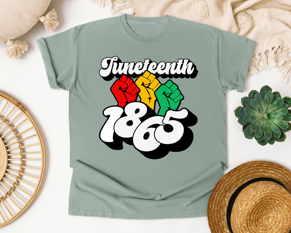 Juneteenth 1865 Raised Fists graphic tee in Bay Comfort Colors 1717