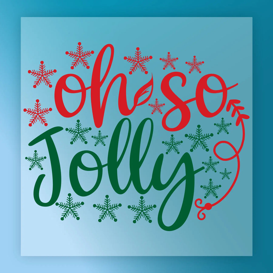 The Oh So Jolly' Festive Design - Heat Press Ready by InkMerge features red and green script with matching snowflakes on a light blue background, perfect for festive DTF transfer or heat press projects.