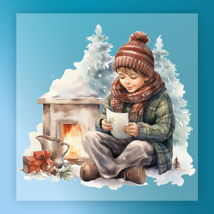 A young boy in winter clothes sits by a snowy outdoor fireplace, reading a letter with gifts and pine trees nearby—a perfect Nostalgic Christmas Scene DTF transfer from InkMerge for the holiday season.