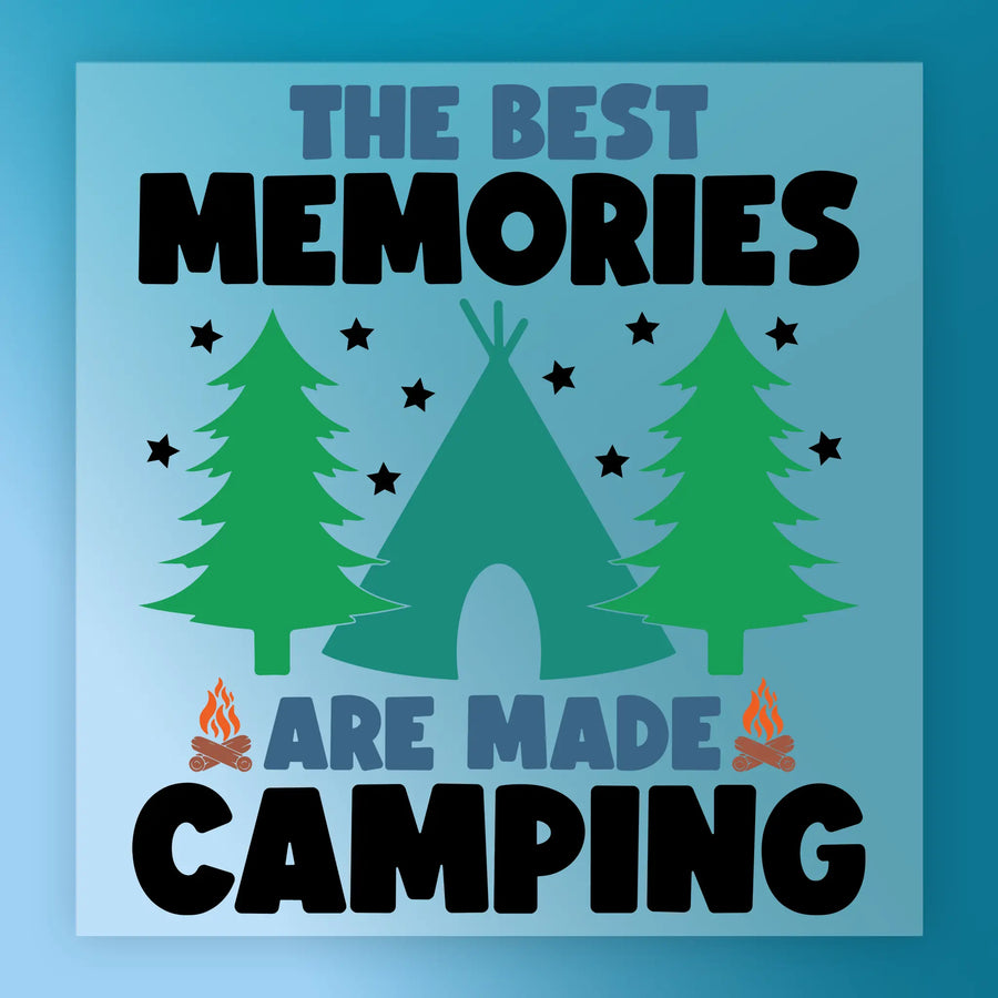 InkMerge’s “The Best Memories Are Made Camping” design features two pine trees, a tent, stars, and two campfires on blue—ideal for crafting camping transfers with premium DTF film or a heat press.