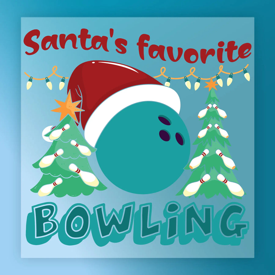 Illustration of a teal bowling ball in a Santa hat between Christmas trees with bowling pins and “Santa’s Favorite Bowling Christmas Design” text by InkMerge—perfect for festive shirts or custom DTF transfer apparel.