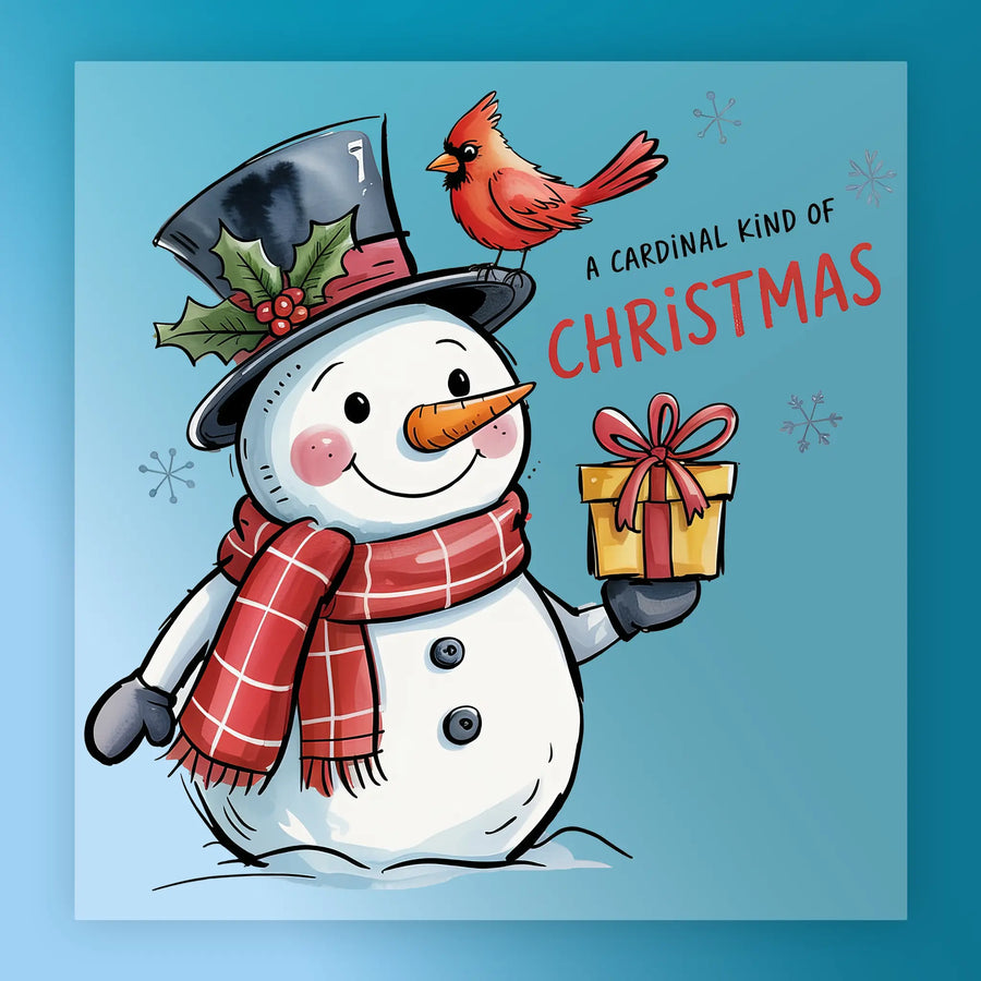 A Cardinal Kind of Christmas Design by InkMerge features a jolly snowman in a holly-topped hat, red scarf, and holding a gift, with a cardinal perched on his hat—ideal for heat press transfer on premium DTF film.