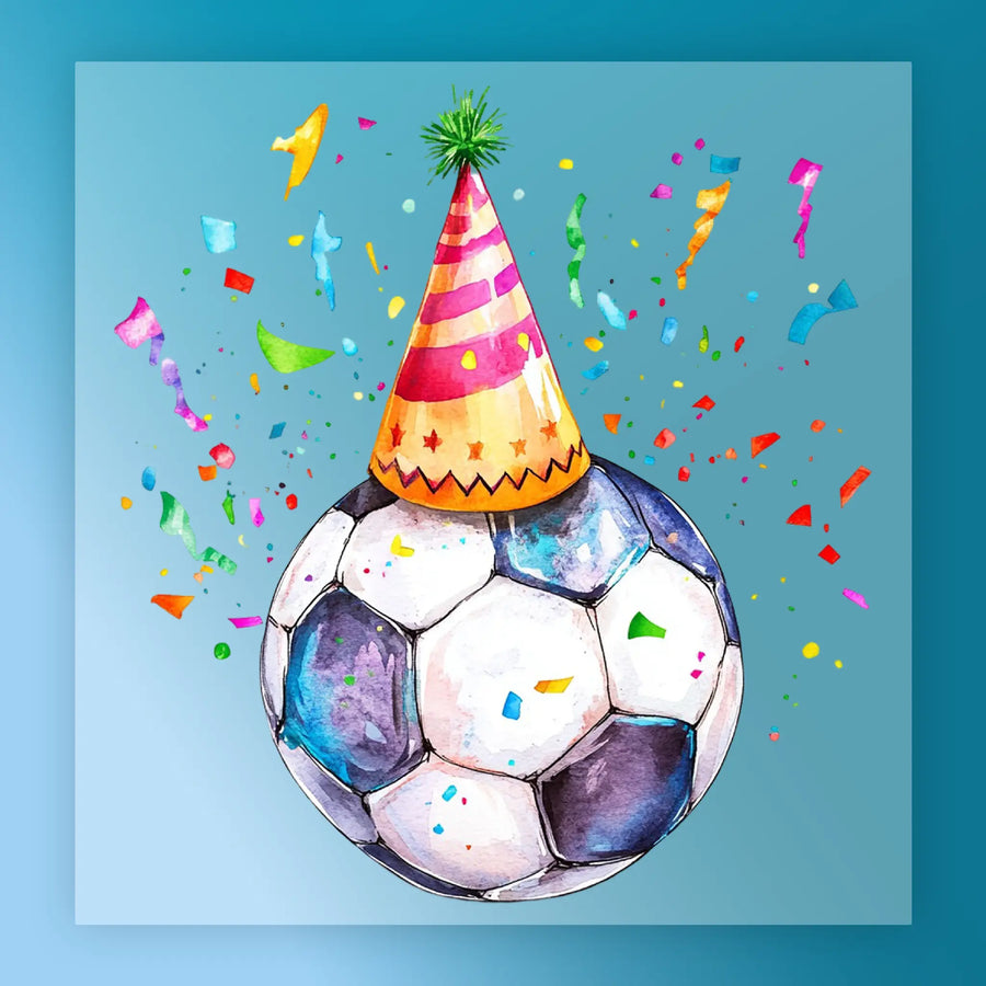 A watercolor painting of a soccer ball wearing a party hat, surrounded by confetti and a blue background.