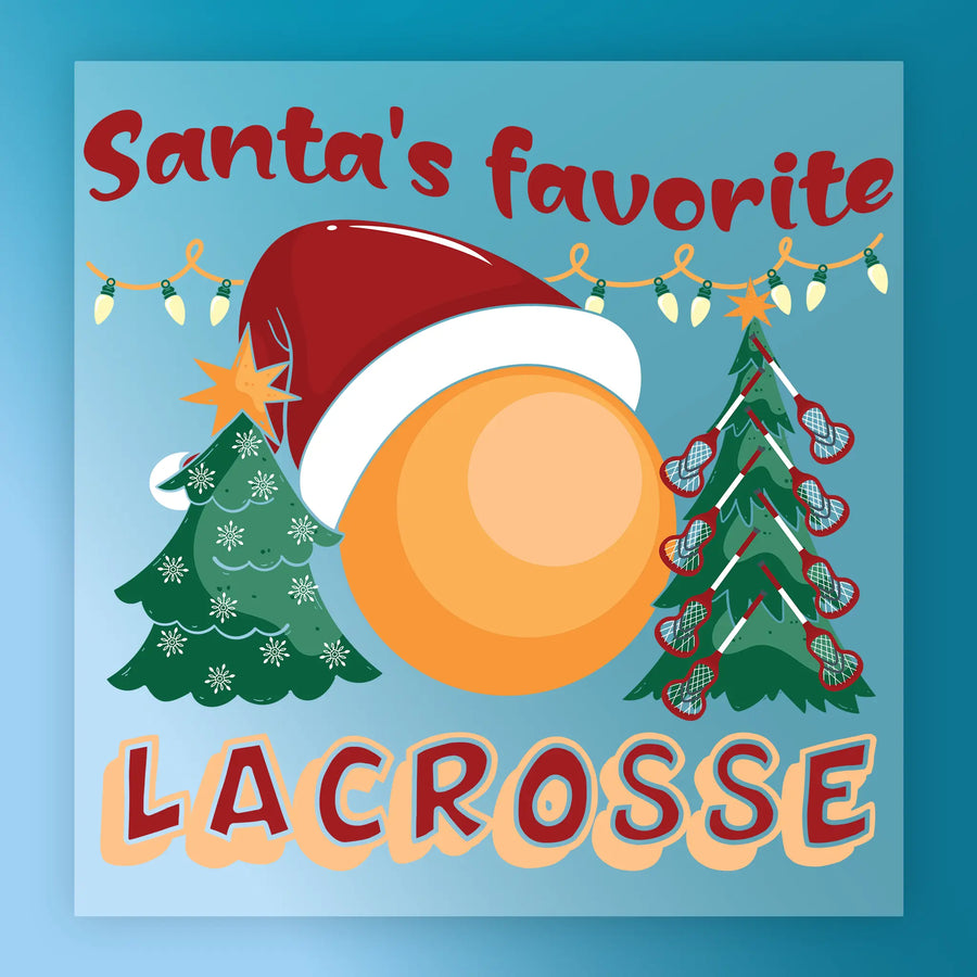 Celebrate the holidays with InkMerge’s “Santa's Favorite Lacrosse” DTF transfer: Santa hat atop a giant lacrosse ball, flanked by decorated trees and stick ornaments on a blue, festive background—perfect for heat pressing!.