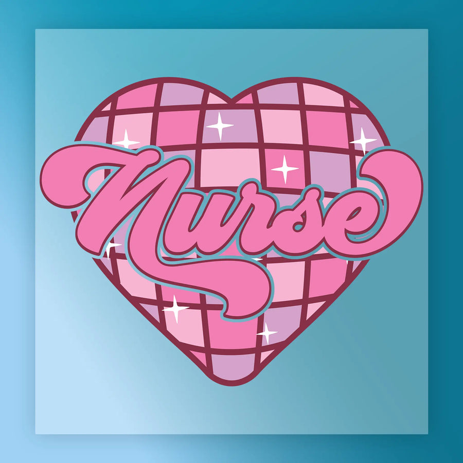 a heart-shaped design with the word "Nurse" written in a stylized pink font.