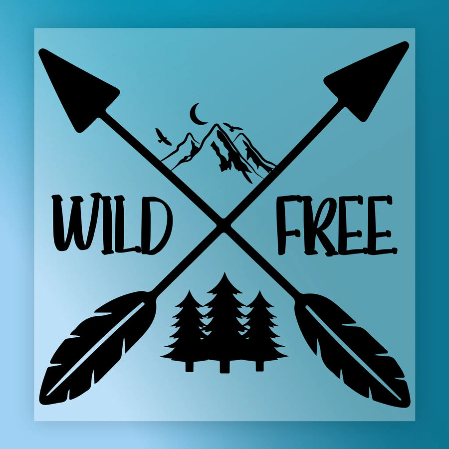 a stylized graphic design with a mountain landscape, a bird, and two crossed arrows. The text "WILD FREE" is prominently displayed in the center of the image.