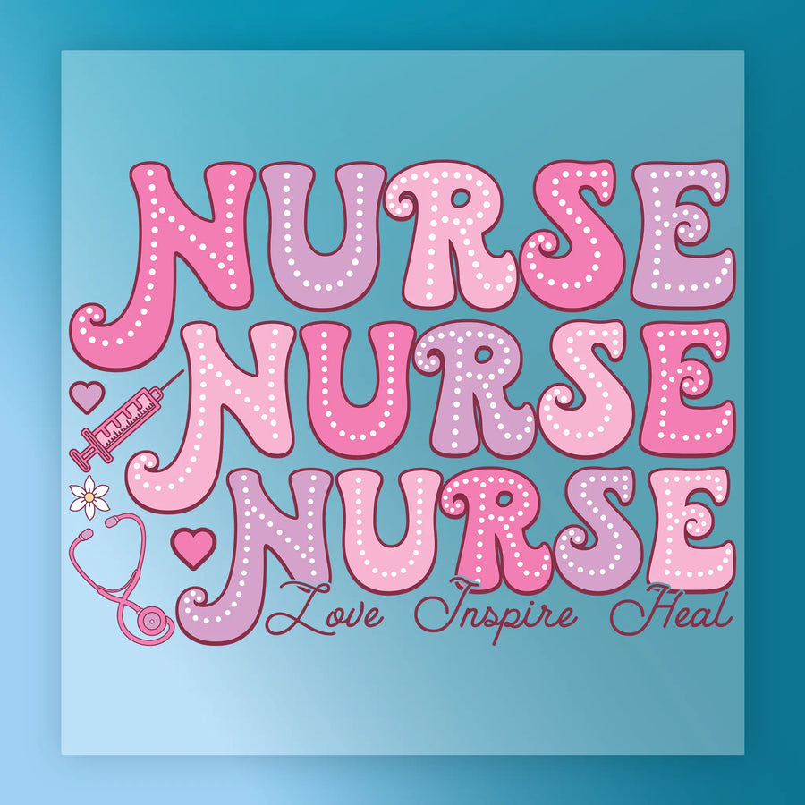 The image is a colorful and playful graphic design featuring the text "NURSE NURSE NURSE" in a stylized font, with various pink and purple accents. The design also includes a stethoscope, a syringe, and a heart, creating a whimsical and cheerful visual representation of the concept of nursing.