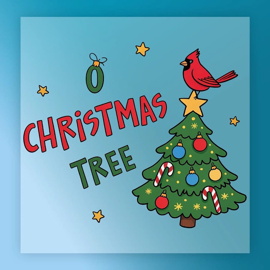 The O Christmas Tree Cardinal Design by InkMerge features a decorated tree with ornaments, candy canes, a star topper, and a red cardinal. Festive “O Christmas Tree” text makes it perfect for DTF or holiday shirt transfers.