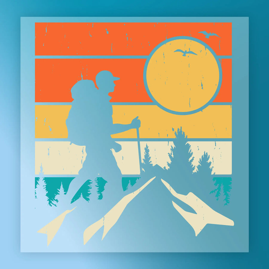 The Retro Surf Sunset Design by InkMerge features a hiker with backpack and stick on a mountain, pine trees, birds, and a bold sun over retro orange, yellow, and teal stripes. Ideal for custom apparel or as a ready-to-press DTF transfer.