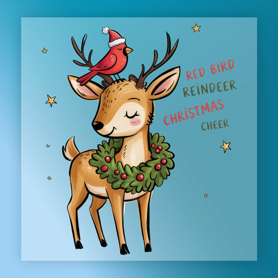 Celebrate the season with InkMerge's Red Bird Reindeer Christmas Cheer: a joyful reindeer wears a wreath and a red bird in a Santa hat perches on its antlers—perfect for custom apparel via DTF transfers or your heat press!.