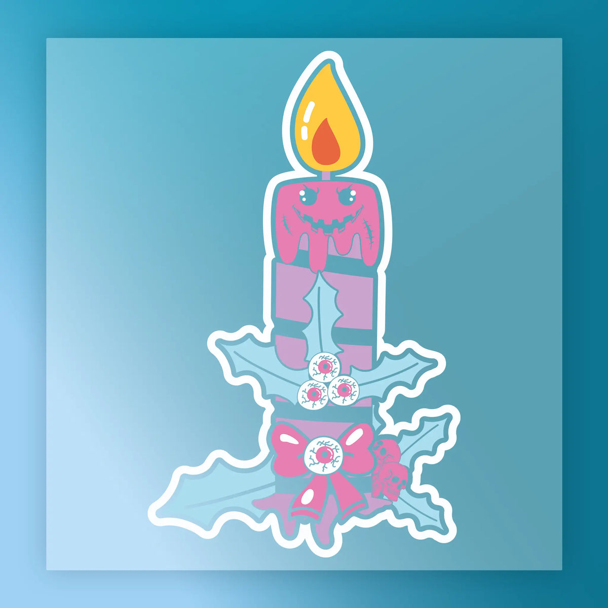 The InkMerge Gothic Holiday Candle Design features a smiling pink candle with melting wax on green holly leaves, white berries, and a red bow, set against a blue gradient—perfect for your next DTF transfer project.