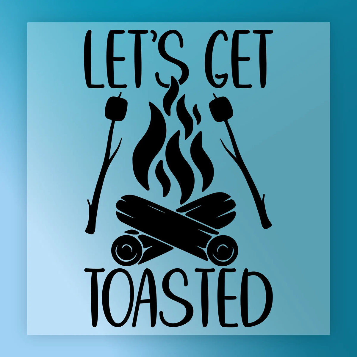 The Let's Get Toasted Campfire Humor design by InkMerge features a campfire with marshmallows on sticks and playful text, ideal for custom apparel with a fun, outdoorsy vibe, set against a blue background.