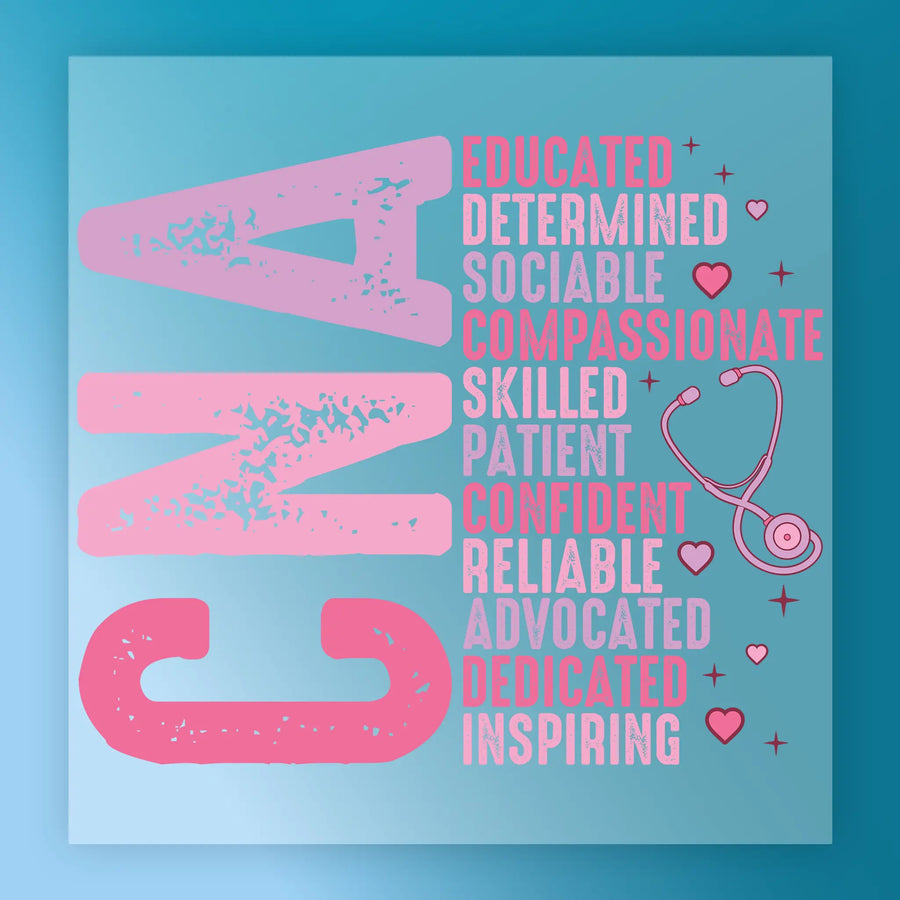 The image is a graphic design featuring a large pink letter "A" with a stethoscope and a list of positive attributes such as "EDUCATED", "DETERMINED", "SOCIABLE", "COMPASSIONATE", "SKILLED", "PATIENT", "CONFIDENT", "RELIABLE", "ADVOCATED", and "INSPIRING". The design is focused on highlighting the positive qualities of the individual represented by the "A" and the stethoscope.