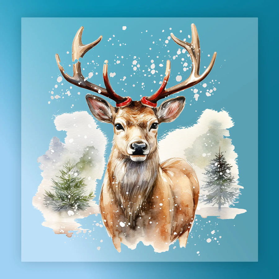 The InkMerge Watercolor Deer Scene DTF transfer features a deer with large antlers in falling snow, surrounded by pine trees and a blue landscape—perfect and ready to press for festive seasonal decor.