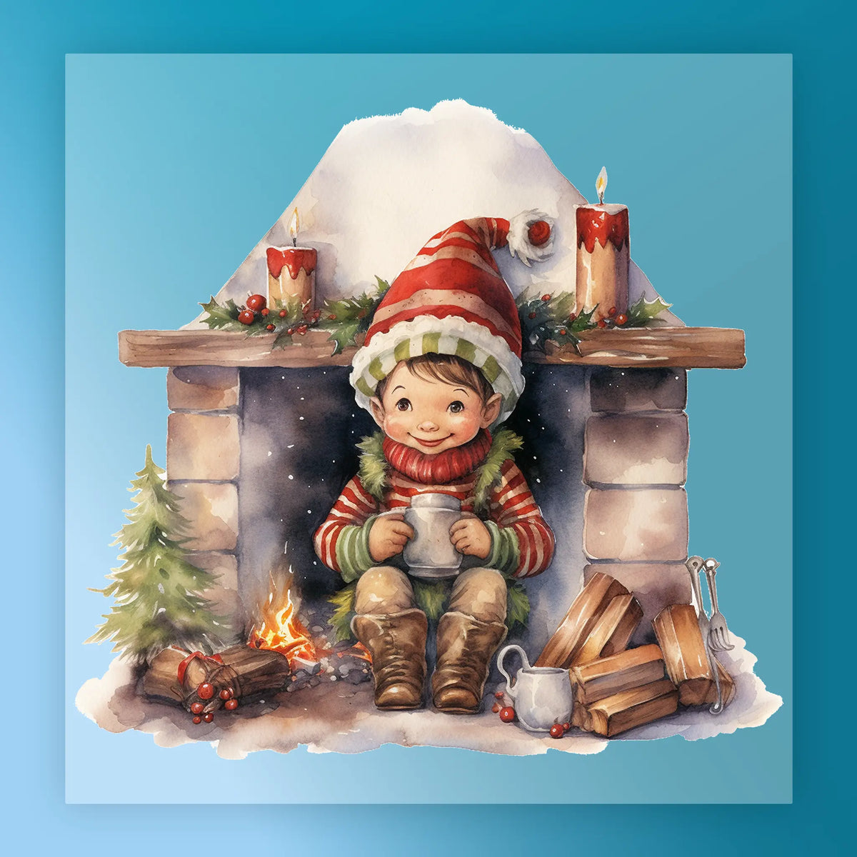 The InkMerge “Nostalgic Holiday Fireplace Scene” features a smiling child in a red-striped hat by a festive fireplace—adorned with candles, holly, and a mini Christmas tree—perfect for custom apparel or holiday DTF transfers.
