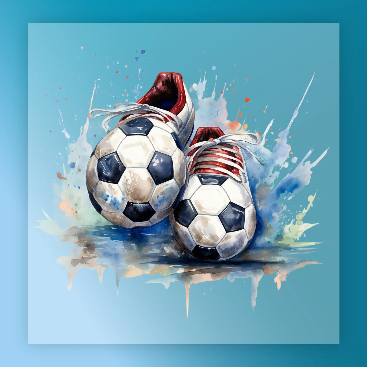 a pair of soccer shoes with a white and blue pattern, standing on a blue background with splashes of color.