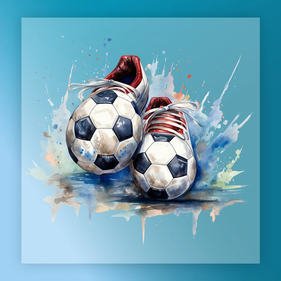 a pair of soccer shoes with a white and blue pattern, standing on a blue background with splashes of color.