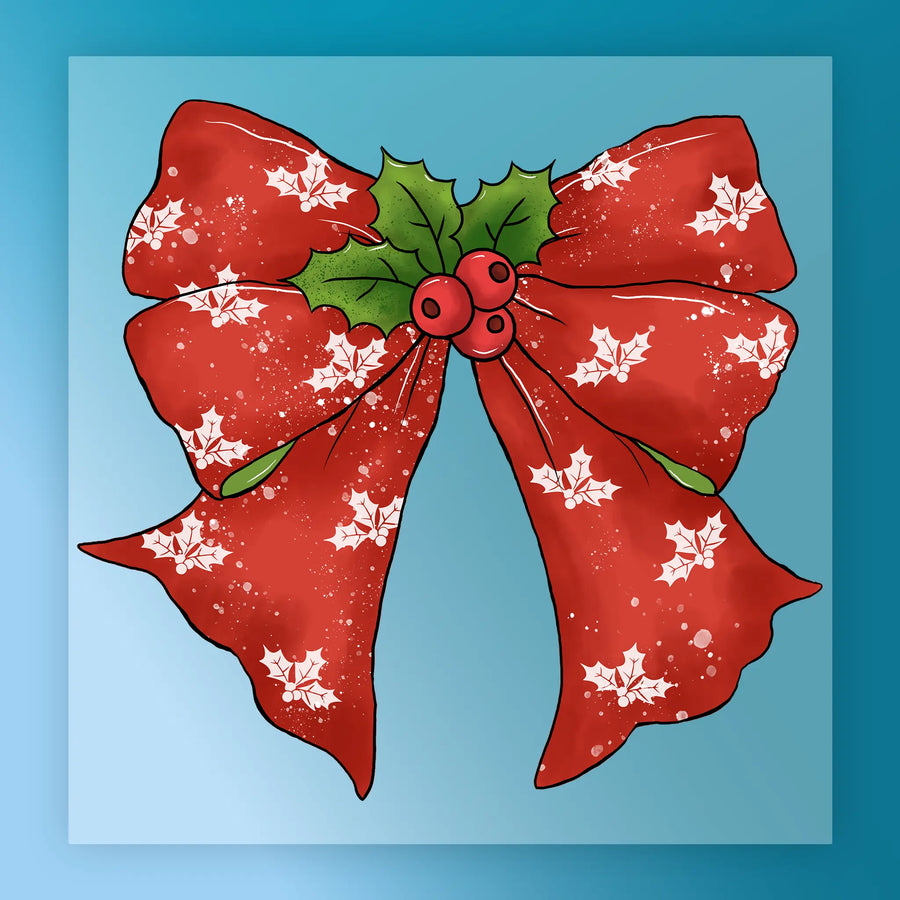 The InkMerge Festive Red Bow with Holly Design features white holly patterns, green leaves, and red berries on a light blue background—ideal for holiday DTF or heat press transfers.