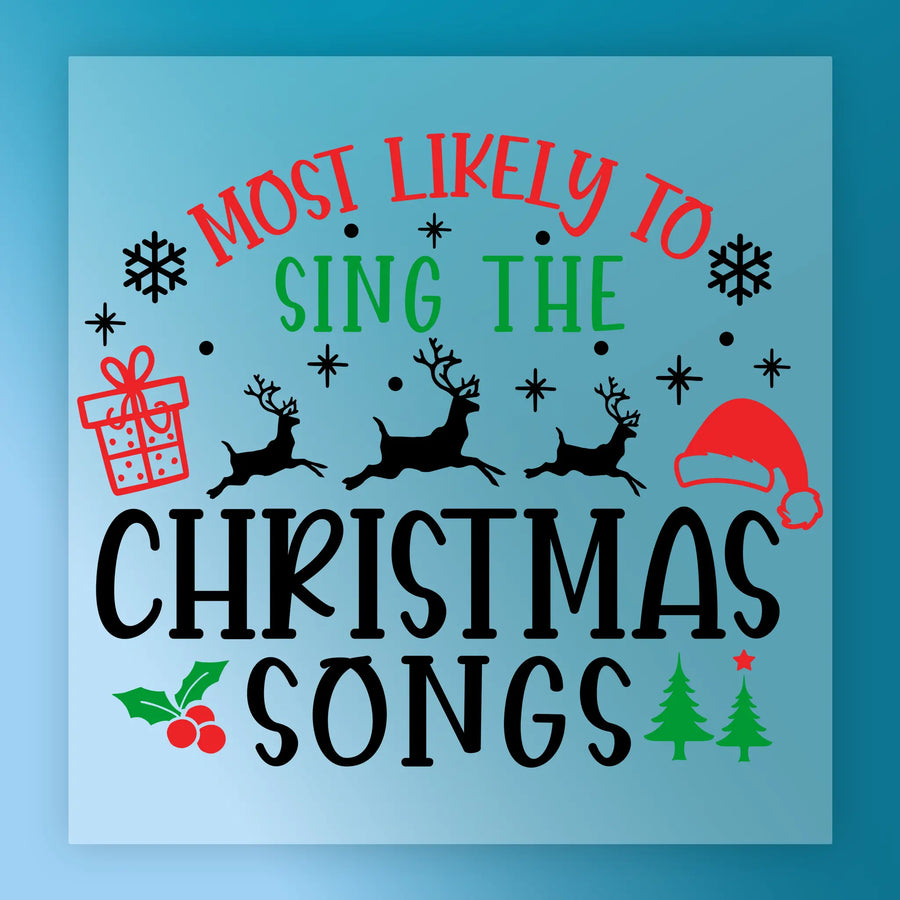 The "Most Likely to Sing Christmas Songs Design" by InkMerge features festive icons on a blue background—perfect for ugly sweater parties or DTF transfers.