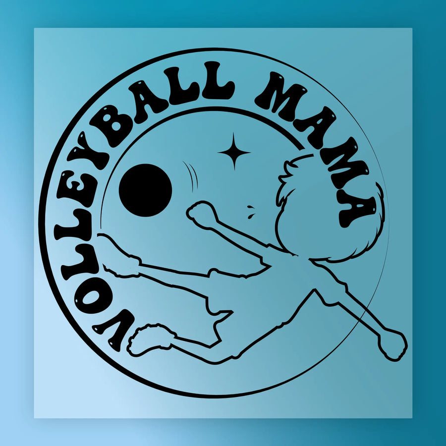A graphic design featuring a silhouette of a person playing volleyball, with the text "VOLLEYBALL MAMA" around the image.