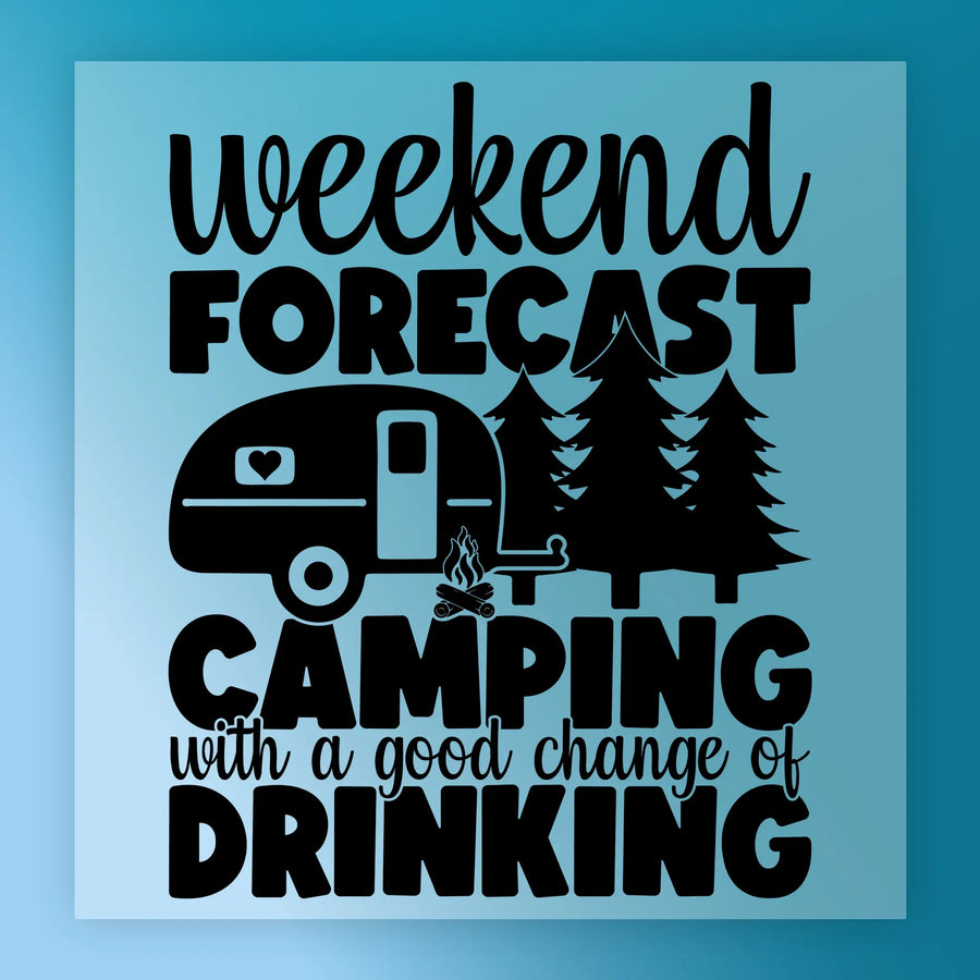 InkMerge’s "Weekend Forecast Camping With Drinking" features black silhouettes of a camper, campfire, and pine trees with the quote—perfect for camping shirts using heat press or DTF transfer on a blue background.