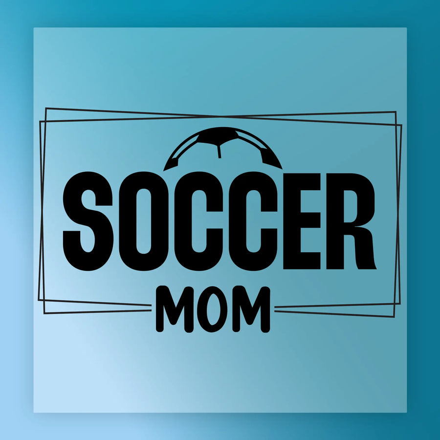 a logo for a soccer mom, with the text "SOCCER MOM" prominently displayed.