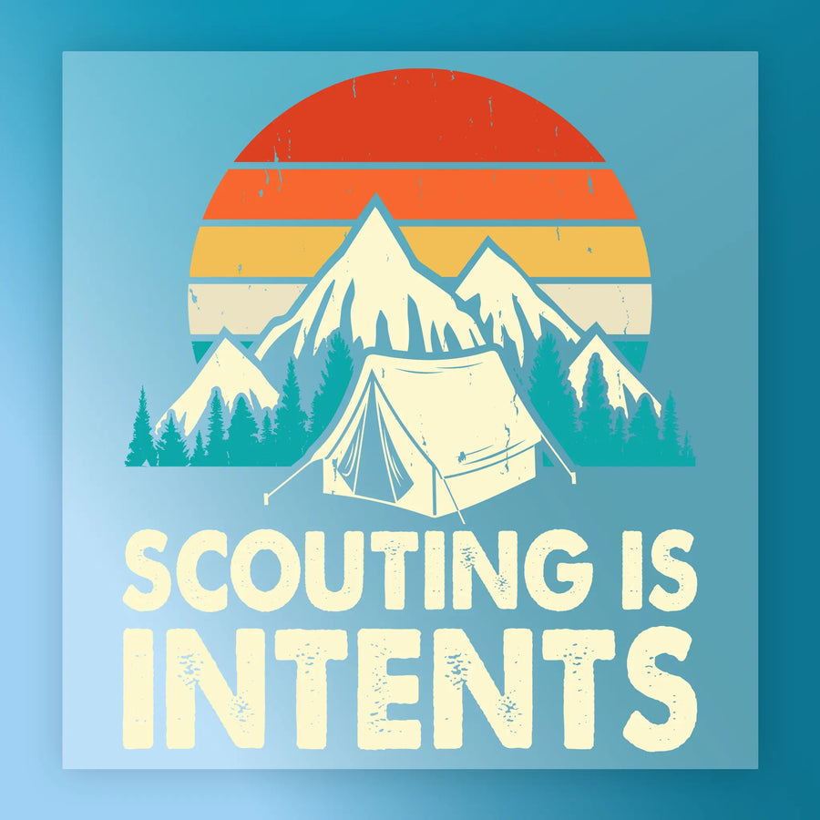 The InkMerge Retro Mountain Landscape with Sunset DTF transfer features mountains, trees, tents, and "Scouting Is Intents" in bold distressed text—ideal for custom apparel or as a unique transfer design.