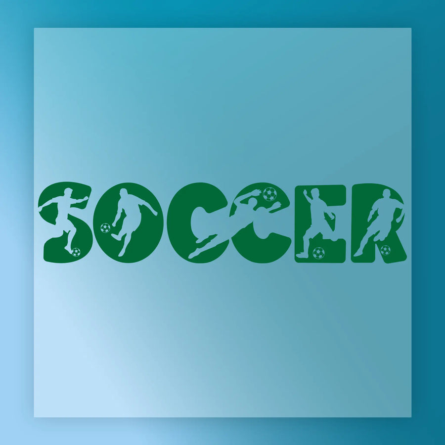 silhouettes of soccer players in various poses, arranged to spell out the word "SOCCER".