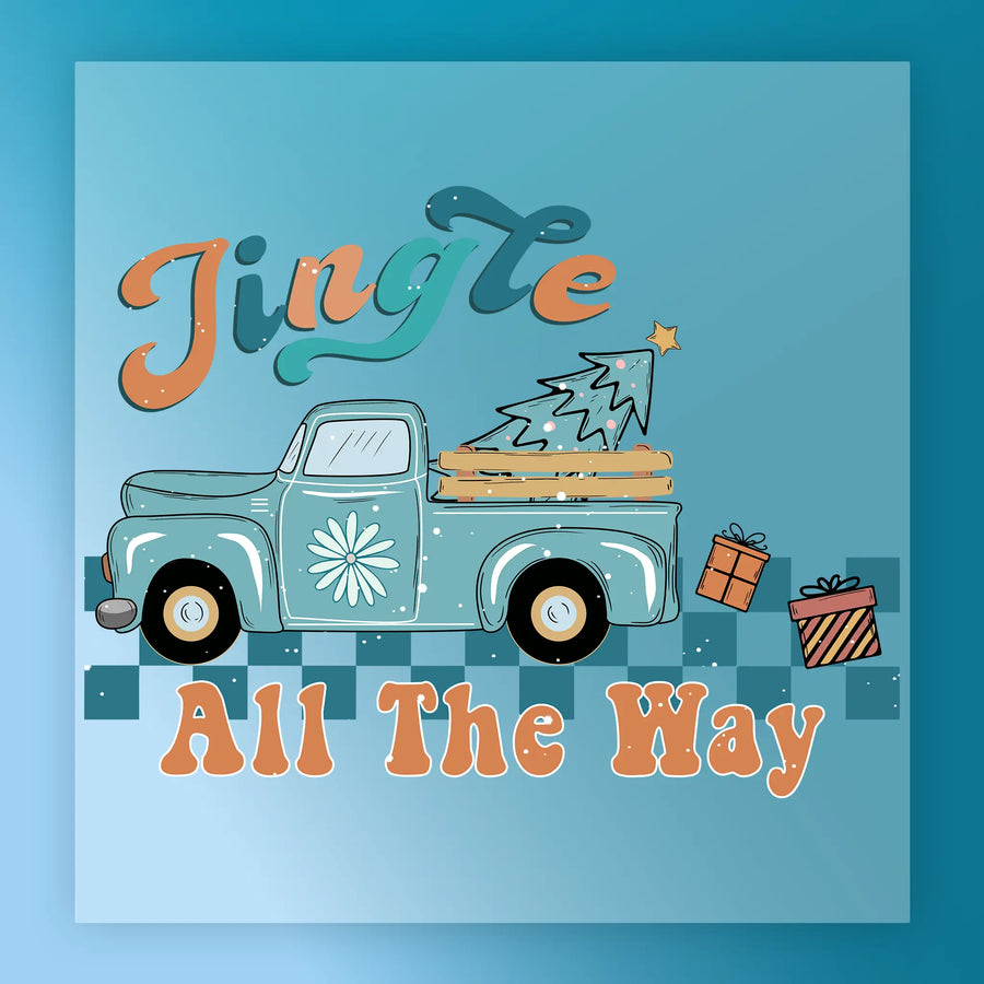 InkMerge's Jingle All The Way Christmas Truck features a blue vintage truck with a tree and gifts, and “Jingle All The Way” in orange and teal on blue—ideal for DTF transfers or custom apparel designs.