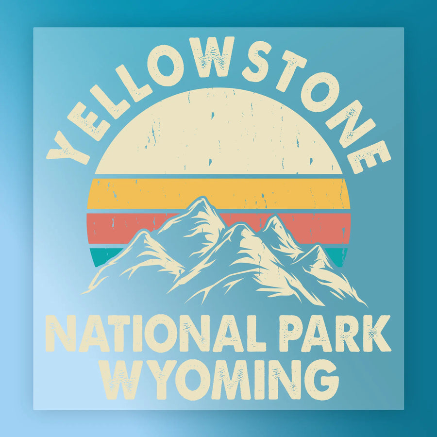 The InkMerge Adventure Awaits Retro Mountain Design is heat press ready, featuring white mountain silhouettes against a striped sunset on blue—ideal for DTF transfers and custom apparel.