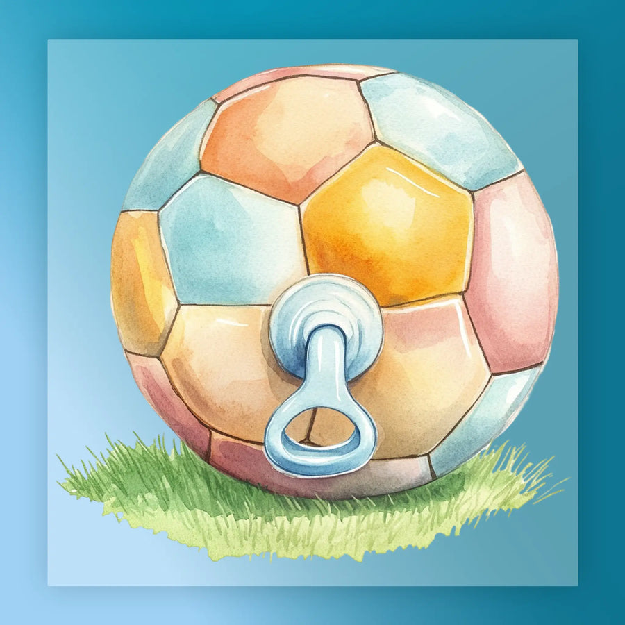 A watercolor painting of a soccer ball with a blue and orange design, sitting on a grassy surface against a blue background.