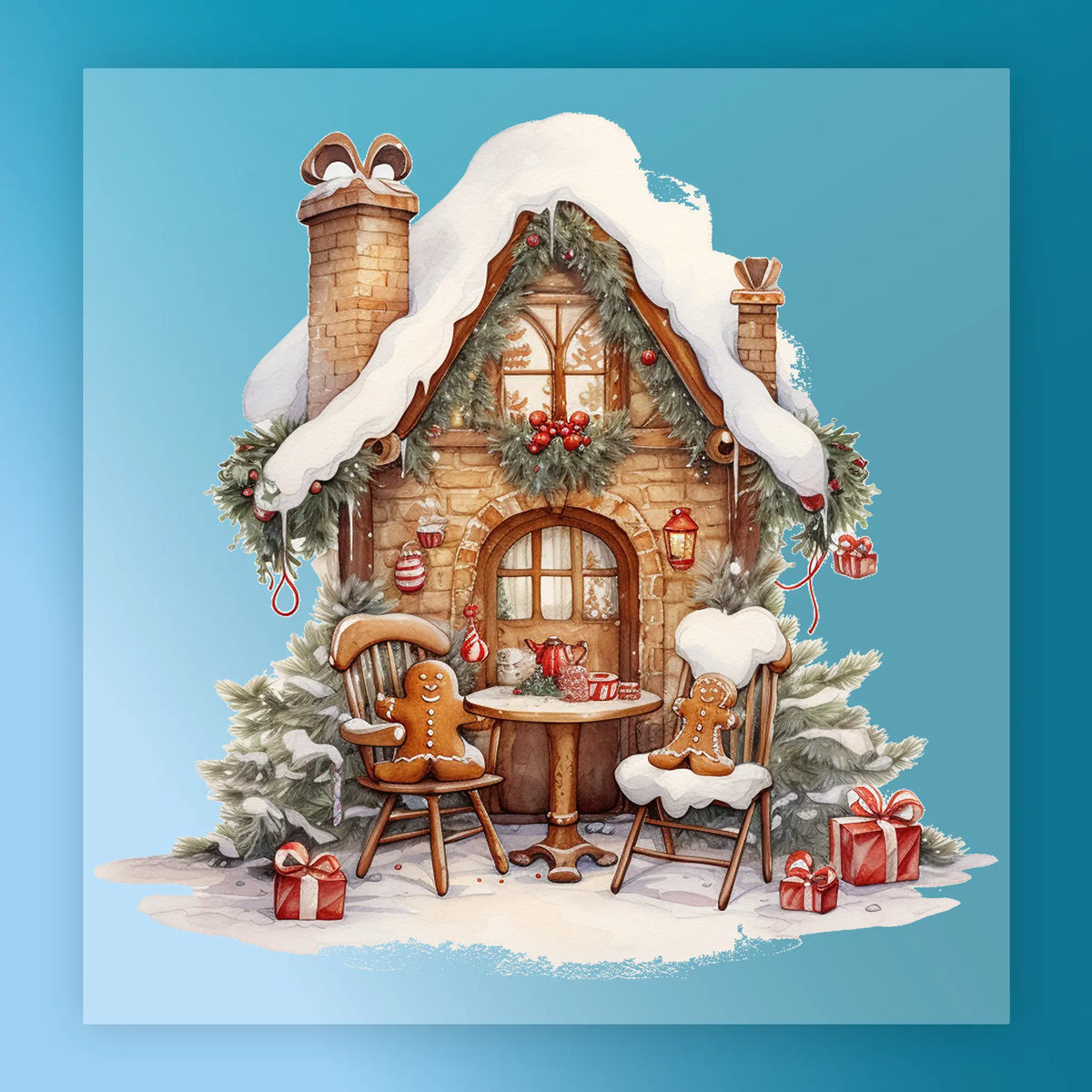 InkMerge’s Nostalgic Gingerbread House Design features a snowy roof, festive garlands, gift boxes, and two gingerbread people outside with snow-covered trees—perfect for pressing onto your holiday projects.
