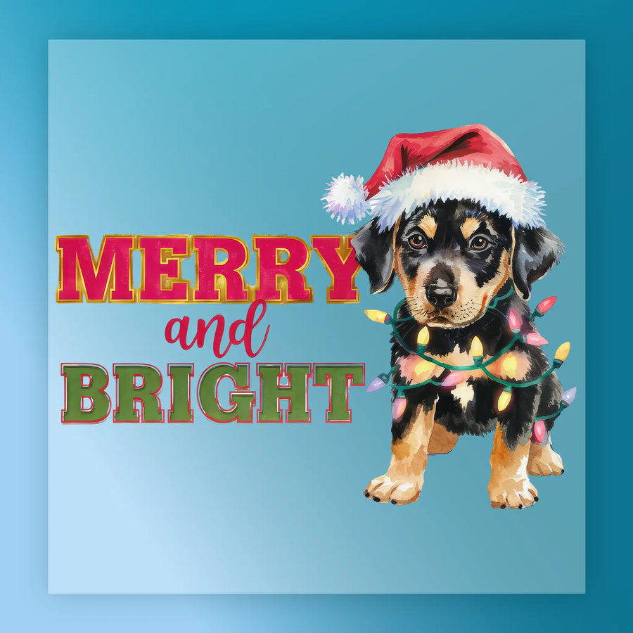 The InkMerge Merry and Bright Puppy Christmas Design features a black and brown puppy in a Santa hat with colorful lights, next to "Merry and Bright" on a blue background—ideal for festive Christmas designs or ugly sweater parties.