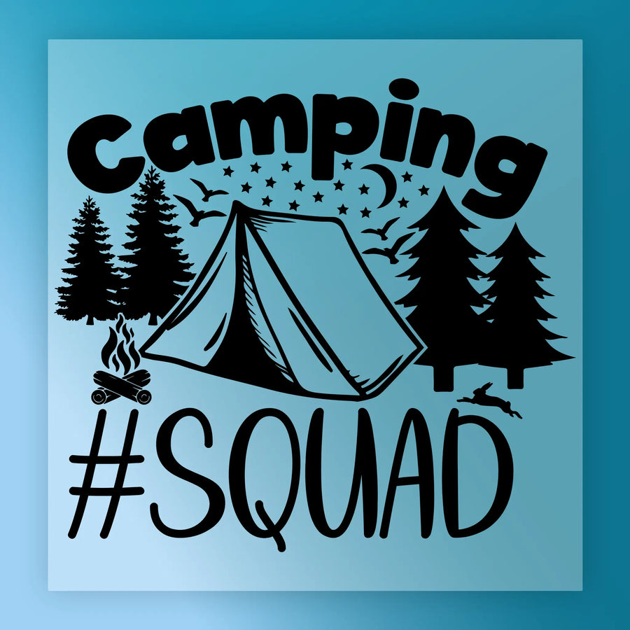 The InkMerge Camping #Squad Outdoor Adventure - Heat Press Ready design features a black illustration on blue with tent, trees, campfire, wildlife, and text. Ideal for heat press or DTF transfer projects.