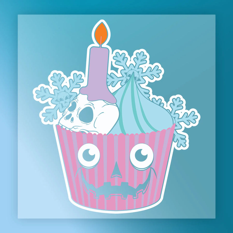 Add charm to your Direct-to-Film transfers with InkMerge's Halloween Winter Cupcake Design—pink stripes, a jack-o’-lantern face, blue frosting, a skull, two snowflakes, and a lit purple candle for a whimsical seasonal touch.