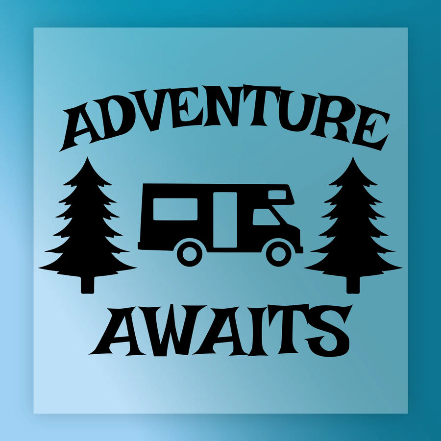 The Adventure Awaits Camper Van Design by InkMerge showcases a camper van with "ADVENTURE AWAITS" text, pine tree silhouettes, and a blue background—ideal for DTF transfer or heat press projects.