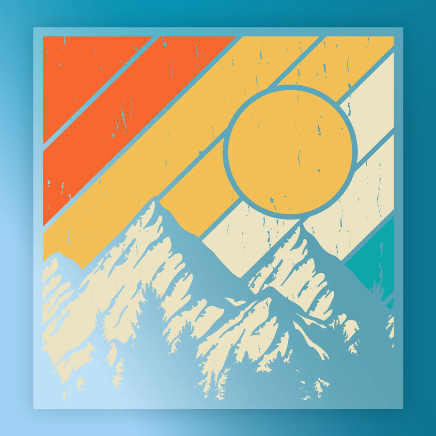 The InkMerge Retro Geometric Pattern features snowy mountains, a large sun, and diagonal orange, yellow, and teal stripes for a weathered vintage look—perfect for custom apparel.