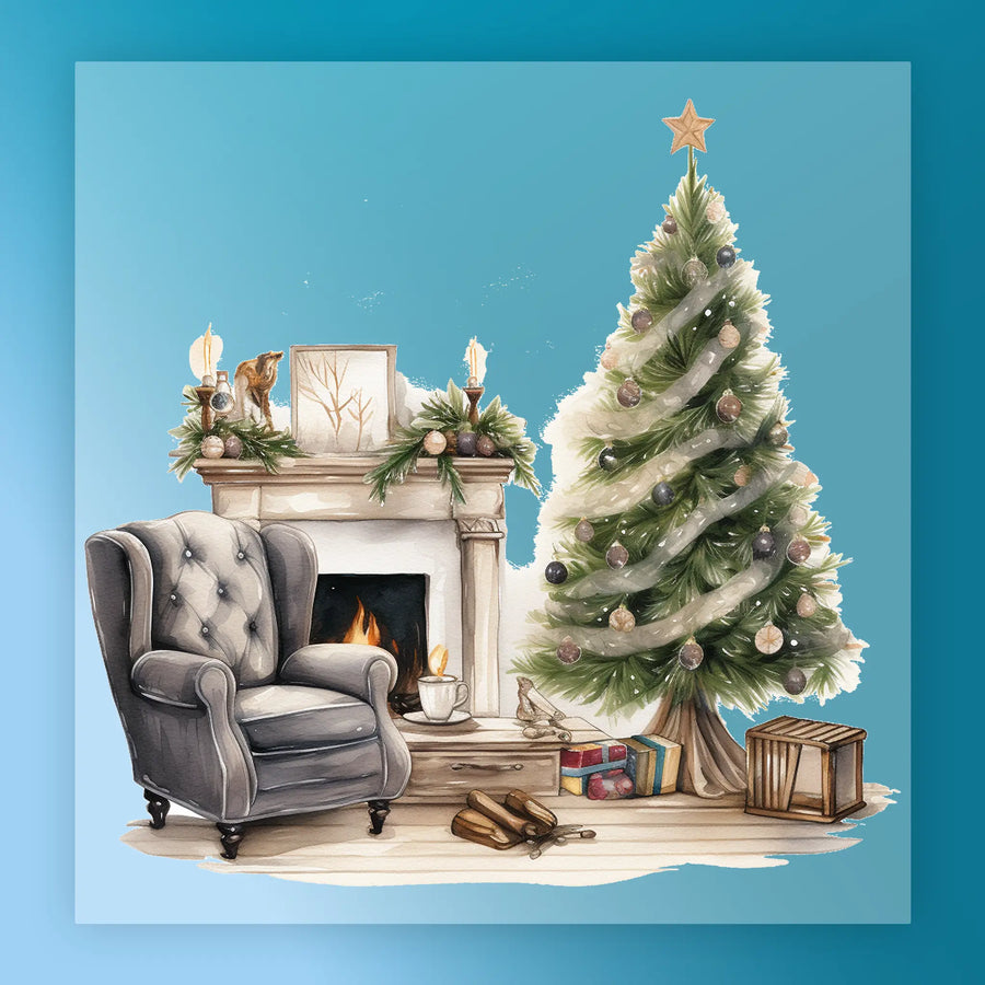 The InkMerge Christmas Scene transfer features a decorated tree, lit fireplace, gray armchair, and presents—perfect for premium DTF film application with a heat press.